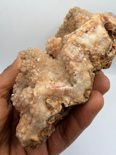 Load image into Gallery viewer, Pink Botryoidal druzy Calcite/ Chalcedony Psudomorph over Lace Agate